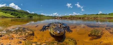 A majestic crocodile basks in the sun, its powerful form silhouetted against a tranquil river Lush green hills rise in the background, their slopes reaching towards a clear blue sky This panoramic view captures the raw beauty of nature and the awe-inspiring presence of this predatory giant in its serene habitat AI Generativeの素材