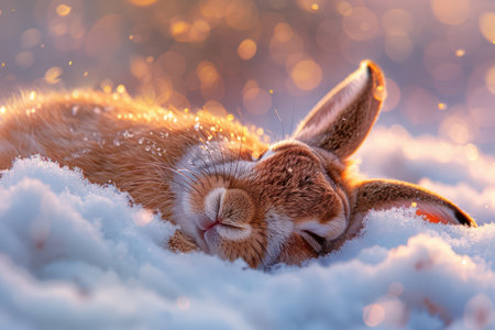 A fluffy, white rabbit rests peacefully in a bed of sparkling snow, bathed in the golden hues of a winter sunset Soft snowflakes gently fall around it, creating a serene and dreamlike scene This close-up captures the beauty of nature&#39;s winter slumber, offering a moment of tranquility and awe AI Generativeの素材
