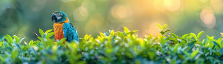 A vibrant Macaw parrot stands majestically amidst lush greenery, bathed in golden hour light Its iridescent feathers gleam, while a soft bokeh background creates a serene natural setting This captivating image, ideal for nature lovers, showcases the bird&#39;s beauty and the tranquility of its habitat AI Generativeの素材