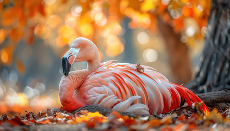 A vibrant flamingo stands serene amidst a symphony of golden autumn leaves, its pink plumage a striking contrast against the tranquil forest landscape  A smaller bird companion perches nearby, adding to the peaceful scene  Warm sunlight bathes the scene, creating a sense of tranquility and harmony This breathtaking image captures the essence of autumn&#39;s beauty and serenity AI Generativeの素材
