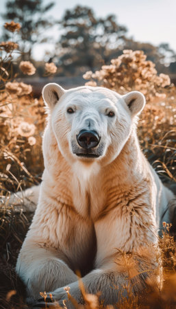 A majestic polar bear basks in the warm glow of autumn's golden hour, its serene presence a stark contrast to the rugged Arctic landscape This stunning close-up captures the predator's tranquility, showcasing the breathtaking beauty of nature in a moment of peaceful coexistence AI Generativeの素材