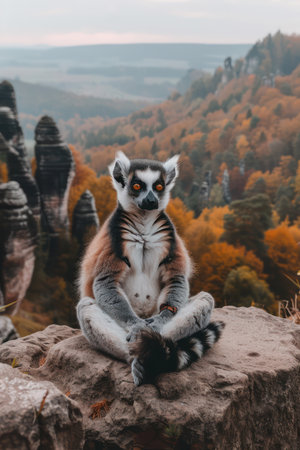 A majestic ring-tailed lemur sits regally atop a rugged cliff, surveying the breathtaking autumn forest landscape Vivid hues of crimson, gold, and amber paint the foliage below, creating a stunning backdrop for this captivating primate  The lemur&#39;s piercing gaze and distinctive tail add to the image&#39;s mystique and natural beauty AI Generativeの素材