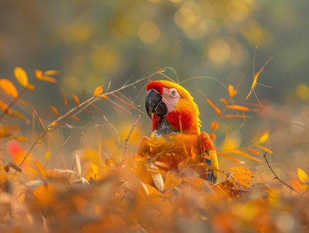 A vibrant parrot, feathers ablaze with color, perches amidst a tapestry of autumn leaves  The scene radiates warmth and tranquility, with soft focus highlighting the parrot&#39;s beauty and the serene nature of the surroundings  A perfect harmony of vibrant life and peaceful autumn ambiance AI Generativeの素材