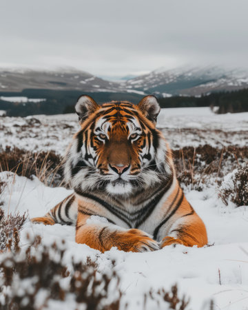 A majestic tiger, a testament to nature&#39;s power and beauty, rests amidst a pristine snowy landscape Its powerful form, a symbol of strength and grace, contrasts with the harsh winter wilderness This captivating image captures the essence of wild animal survival in unforgiving conditions AI Generativeの素材