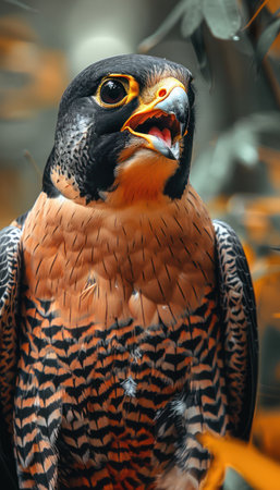 A breathtaking close-up of a Peregrine Falcon in its natural habitat Sharp details capture the bird&#39;s fierce beauty and predatory focus Ideal for wildlife enthusiasts, birdwatchers, and ornithologists seeking high-resolution nature photography AI Generativeの素材