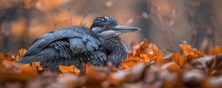 A majestic heron finds solace amidst a tapestry of autumn leaves, its serene presence capturing the tranquility of a woodland setting Cool temperatures enhance the scene's natural beauty, as the heron stands tall, a symbol of grace and composure in nature's vibrant palette AI Generativeの素材