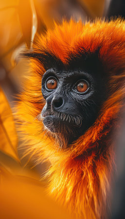 A captivating portrait of a Red-shanked Douc Langur, its vibrant orange fur glowing in the golden jungle light The langur&#39;s intense stare pierces through the lens, revealing a captivating depth of character The lush, verdant background adds to the sense of wonder and beauty found in this rare and endangered species AI Generativeの素材