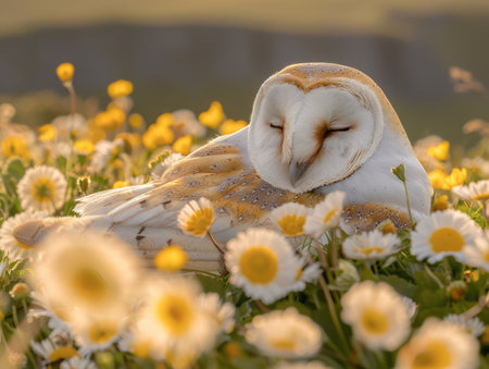 A serene barn owl rests amidst a field of blooming daisies, bathed in the soft glow of sunrise This idyllic scene captures the tranquility of wildlife in peaceful countryside, showcasing the beauty of nature in its purest form Perfect for nature lovers and those seeking serenity AI Generativeの素材