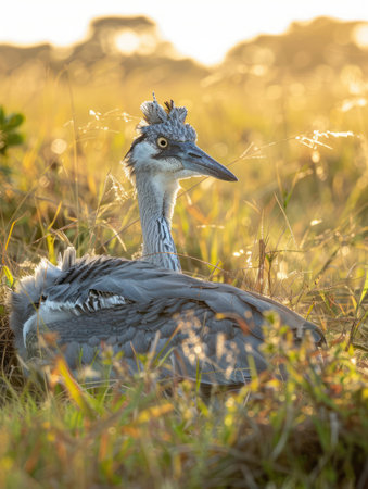 A tranquil sunrise paints the wilderness with golden hues, illuminating a serene field of grass A graceful bird rests amidst the beauty, bathed in warm morning light The scene evokes a sense of peace and tranquility, capturing the essence of nature's awakening AI Generativeの素材