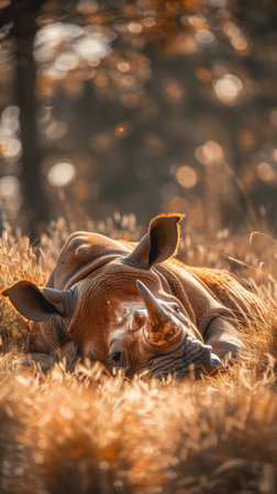 A serene close-up captures a peaceful rhinoceros resting in a golden meadow The blurred background creates a sense of tranquility, highlighting the animal&#39;s peaceful slumber Soft light bathes the scene, emphasizing the rhino&#39;s natural beauty and the serenity of its natural habitat AI Generativeの素材