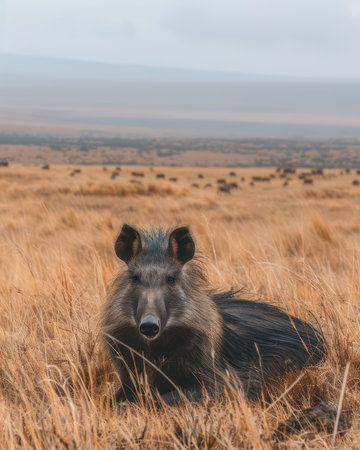 A wild boar stands amidst a sea of golden grasslands, its dark form silhouetted against the sun-drenched landscape The scene captures a moment of tranquility and beauty as the boar surveys its natural habitat, embodying the untamed spirit of the wild AI Generativeの素材