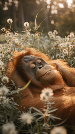 A serene orangutan basks in the sunlit meadow, surrounded by vibrant blossoms and lush greenery  Tranquility radiates from the scene, capturing the essence of nature's beauty and the harmonious coexistence of wildlife The image evokes a sense of peace, inviting viewers to escape into a world of serenity AI Generativeの素材