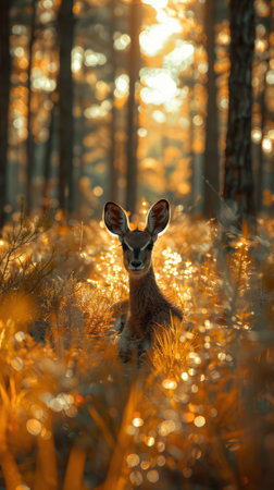 A serene autumn forest awakens in golden dawn light A graceful deer stands amidst vibrant foliage, its gentle presence adding to the tranquil atmosphere Nature&#39;s tranquility reigns in this calm, morning forest, capturing the essence of a peaceful wilderness AI Generativeの素材