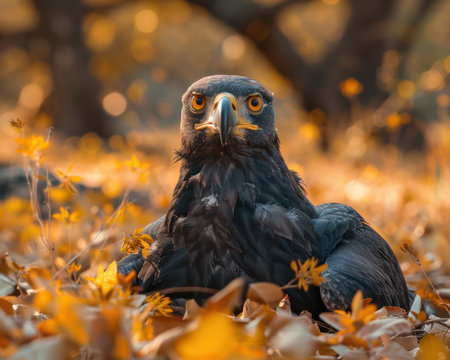A majestic eagle perches amidst vibrant autumn foliage, bathed in the golden glow of sunlight  Its piercing gaze and powerful presence capture the essence of a regal bird of prey This captivating wildlife photograph showcases the eagle&#39;s beauty and dominance in its natural forest habitat AI Generativeの素材