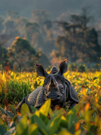 A majestic rhinoceros stands proud in the African savanna, bathed in the golden light of sunrise Lush vegetation frames the scene, highlighting the animal&#39;s imposing presence This powerful image captures the beauty and vulnerability of endangered wildlife in their natural habitat AI Generativeの素材