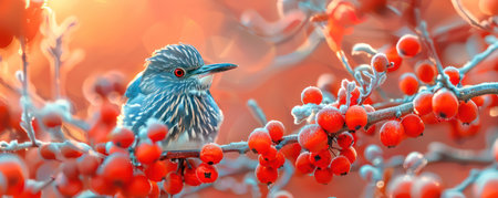 A vibrant bird perches delicately on frost-covered berries, bathed in soft morning light Exquisite detail captures the serene beauty of the moment, highlighting the tranquility of nature&#39;s awakening A breathtaking scene showcasing the intricate beauty of winter&#39;s touch AI Generativeの素材