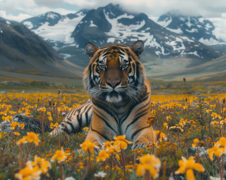 A majestic Bengal tiger strides through a vibrant valley, wildflowers blooming amidst snow-capped mountains  The breathtaking wilderness scenery provides a stunning backdrop for this magnificent creature, capturing the essence of untamed beauty and raw power AI Generativeの素材
