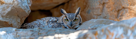 A majestic owl blends seamlessly with the rugged beauty of its rocky habitat Captured in stunning detail, its piercing gaze and exquisite plumage are showcased amidst the natural stone formations of the wilderness This breathtaking image embodies the owl&#39;s mastery of camouflage and its captivating presence in its natural environment AI Generativeの素材
