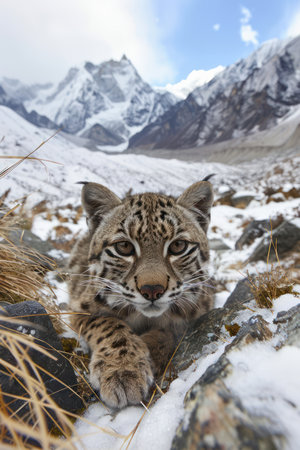 A majestic snow leopard, its fur blending seamlessly with the pristine snow, surveys its kingdom Towering Himalayan peaks rise in the background, framing the vast, snow-covered wilderness  Every detail, from the leopard's piercing gaze to the intricate patterns on its coat, is captured in stunning clarity and vibrant color AI Generativeの素材