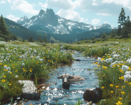A majestic mountain landscape unfolds under a clear blue sky, where a pristine stream winds through lush meadows dotted with wildflowers A majestic moose finds solace in the cool water, its powerful form a testament to nature&#39;s grandeur This idyllic scene captures the serene beauty of the Great Outdoors, inviting you to lose yourself in its splendor AI Generativeの素材