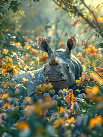 A majestic rhinoceros stands amidst a vibrant tapestry of blooming flowers This captivating nature photograph captures the beauty and vulnerability of an endangered species in its natural habitat Lush flora surrounds the powerful animal, creating a breathtaking display of life and resilience AI Generativeの素材