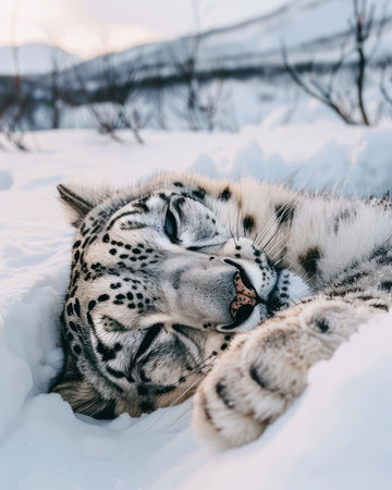 A majestic snow leopard rests peacefully in its serene Arctic habitat Bathed in the soft glow of the frozen wilderness, its piercing gaze and powerful physique radiate an aura of tranquility and strength This rare predator embodies the beauty and grace of nature&#39;s untamed spirit AI Generativeの素材