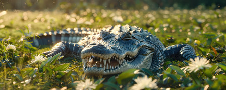 A mesmerizing close-up captures a majestic crocodile basking in the serenity of its natural habitat Lush greenery and vibrant flowers frame the reptile, showcasing its unspoiled beauty The image evokes a sense of wild tranquility amidst the vibrant tapestry of nature AI Generativeの素材