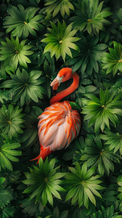A vibrant flamingo stands out against a backdrop of lush green foliage, showcasing the captivating beauty of nature This colorful wildlife photograph captures the essence of a tropical habitat with striking contrasts and an exotic bird The flamingo&#39;s vibrant plumage and the verdant greenery create a visually stunning scene AI Generativeの素材