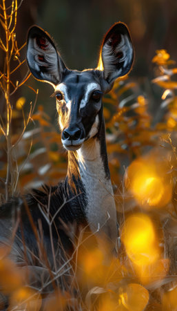 A captivating image showcasing the ethereal grace of a rare forest creature, its vibrant form silhouetted against a backdrop of golden autumn foliage Sunlight filters through the canopy, casting a warm glow on the animal&#39;s elegant features This stunning photograph captures the majesty of nature at its finest AI Generativeの素材