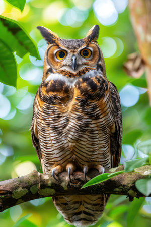 A majestic owl, perched on a moss-covered branch, surveys its domain Lush foliage surrounds the bird, highlighting the intricate patterns of its feathers and the piercing intensity of its golden eyes This vibrant forest scene captures the owl&#39;s regal presence in stunning detail AI Generativeの素材