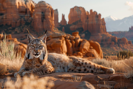 A majestic lynx, its piercing gaze fixed on the horizon, rests amidst a breathtaking desert landscape Striking red rock formations and expansive canyon views provide a dramatic backdrop for this rare and beautiful wild cat Capture the essence of untamed wilderness with this stunning wildlife photograph AI Generativeの素材