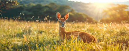 A tranquil morning unfolds in this serene landscape, where a deer rests peacefully in a sunlit meadow Gentle rays bathe the verdant surroundings, capturing the tranquility of nature  The perfect image for wildlife and nature enthusiasts seeking a moment of peace AI Generativeの素材