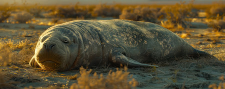 A majestic elephant seal basks in the sun, its colossal form a testament to the power and beauty of nature This stunning photograph captures the creature in its pristine habitat, showcasing the intricate details of its massive body and the rugged landscape it calls home A glimpse into the raw and untamed beauty of the natural world AI Generativeの素材
