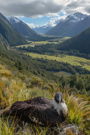 A majestic vulture finds sanctuary amidst a verdant valley, its watchful gaze fixed on the snow-capped peaks beyond A dramatic cloudy sky adds to the breathtaking landscape, showcasing the raw beauty and untouched wilderness of this remote haven The scene captures the perfect balance between nature&#39;s power and the delicate presence of wildlife AI Generativeの素材