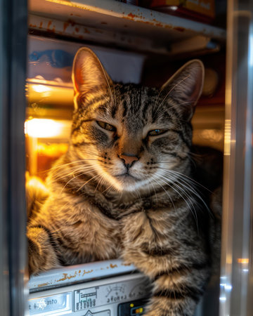 A mischievous tabby cat, eyes gleaming with mischief, lounges comfortably inside a refrigerator amidst a jumble of household items and groceries The cozy domestic setting is disrupted by the cat&#39;s playful and adventurous spirit, creating a whimsical scene that captures the unexpected joy of everyday life AI Generativeの素材