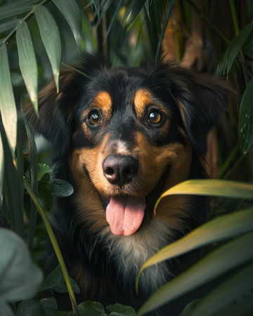 A delightful canine basks in the beauty of a lush green landscape, radiating pure joy Captured with a playful spirit, this image embodies the essence of pet photography, showcasing the natural charm and happiness of our furry friends AI Generativeの素材