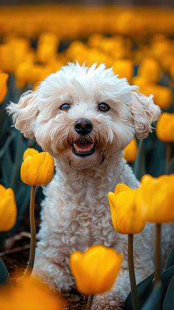 A tiny white dog, bursting with springtime joy, frolics amidst a vibrant field of yellow tulips The dog&#39;s playful demeanor and the garden&#39;s vibrant hues capture the essence of pure happiness and the beauty of nature&#39;s awakening This heartwarming image embodies the spirit of spring AI Generativeの素材