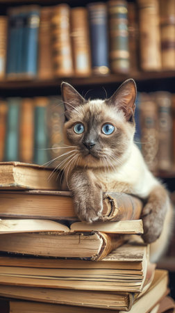 A serene Siamese cat with piercing blue eyes rests atop a stack of antique books, bathed in the warm glow of a cozy library The bookshelf behind overflows with leather-bound volumes, creating an atmosphere of timeless elegance and quiet contemplation  The scene evokes a sense of peace and literary charm AI Generativeの素材