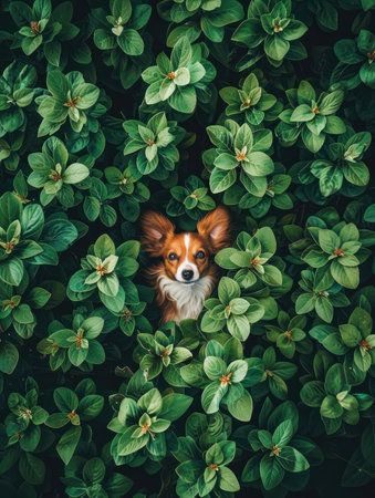 A captivating image of a charming dog peering through lush, verdant foliage in a picturesque garden The canine&#39;s playful gaze and vibrant surroundings create a sense of tranquility and joy, highlighting the perfect harmony between pet and plant life This heartwarming photo evokes feelings of peace and nature&#39;s beauty AI Generativeの素材