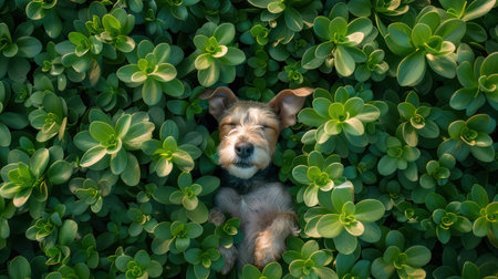 A heartwarming image of an adorable dog nestled in a bed of lush green foliage This serene and playful moment captures the perfect bond between pets and nature Perfect for animal lovers and nature enthusiasts alike, the image evokes feelings of peace and joy AI Generativeの素材