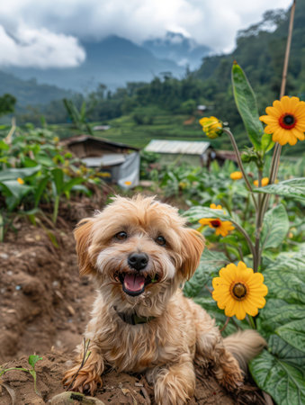 A heartwarming scene of a joyful dog frolicking amidst a vibrant sunflower field  The picturesque mountain landscape provides a serene backdrop, with expressive clouds and valley views adding to the charm This idyllic image captures the pure joy of a pet enjoying nature&#39;s beauty AI Generativeの素材
