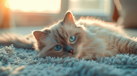 A fluffy feline basks in the soft glow of sunrise, stretched out on a plush carpet The gentle light bathes the cat in warmth, highlighting its soft fur and peaceful expression  A serene moment of pure feline bliss captures the beauty of a pet enjoying the start of a new day AI Generativeの素材