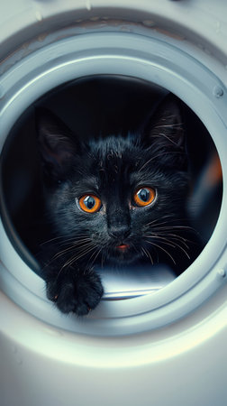 A tiny black kitten with mesmerizing orange eyes peeks out of a washing machine, curiosity and mischief shining in its gaze Its soft, dark fur contrasts with the white backdrop, creating a captivating image of feline innocence and playful charm This adorable photo is perfect for projects celebrating pets, cuteness, or childhood AI Generativeの素材
