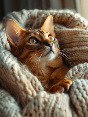 A captivating image of an adorable cat, swaddled in a soft knit blanket, gazes upwards with a curious expression Bathed in warm natural light, the feline&#39;s soft fur and the cozy blanket create a heartwarming scene The cat&#39;s innocent eyes and gentle demeanor evoke feelings of warmth, comfort, and love Perfect for pet, home, and lifestyle projects AI Generativeの素材