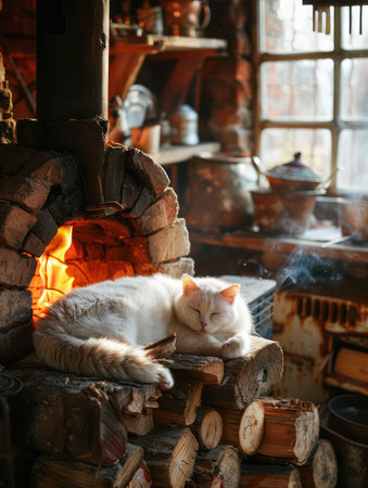 A charming rustic kitchen, bathed in the warm glow of a crackling fireplace, provides the perfect setting for a cozy cat nap A contented feline curls up on a woven rug, basking in the comforting heat The scene evokes a sense of tranquility and warmth, reminiscent of a peaceful countryside home AI Generativeの素材