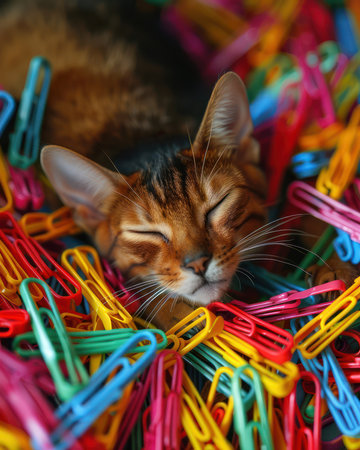 A playful and charming scene unfolds as a delightful cat finds comfort and amusement in a cozy nest of colorful paper clips The vibrant stationery creates a playful backdrop, perfectly capturing the feline&#39;s curiosity and love for exploration This heartwarming image celebrates the endearing nature of cats and the simple joys of everyday life AI Generativeの素材