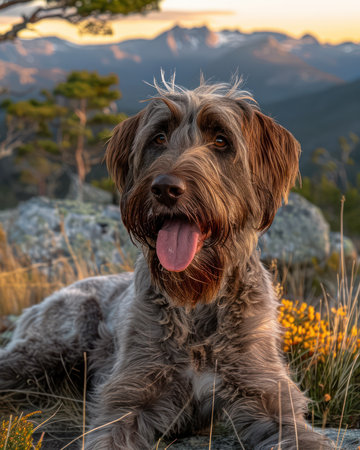 A playful, adorable dog basks in the serenity of nature Lush greenery surrounds him as he explores, his tail wagging with joy against the backdrop of majestic mountains The perfect picture of canine happiness in a picturesque outdoor setting AI Generativeの素材