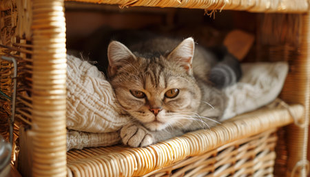 A fluffy cat basks in warm sunlight, contentedly sprawled on a rustic wicker shelf This heartwarming scene embodies feline relaxation and home decor inspiration The cat&#39;s peaceful pose and the soft, natural light create a calming and cozy atmosphere, perfect for adding a touch of serenity to any space AI Generativeの素材
