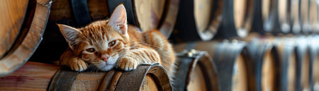 A charming ginger cat basks in the rustic ambiance of a wine cellar, lounging effortlessly on stacked wine barrels This heartwarming image blends feline charm with vintage elegance, capturing the perfect moment for pet and wine lovers alike  The soft lighting and warm tones create a cozy atmosphere, inviting viewers to relax and appreciate the simple beauty of the scene AI Generativeの素材