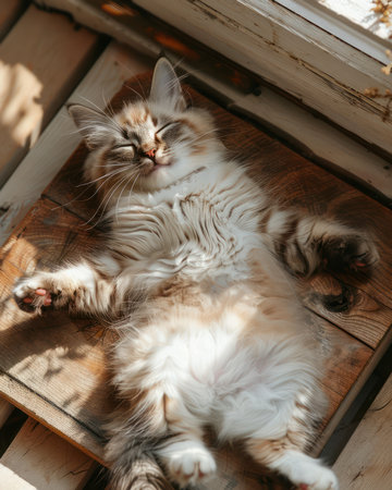 A captivating image of pure feline bliss! A fluffy cat, bathed in warm sunlight, relaxes on a wooden surface Soft fur, delicate whiskers, and outstretched paws capture the essence of contentment This adorable snapshot is a perfect example of the cozy joy pets bring AI Generativeの素材
